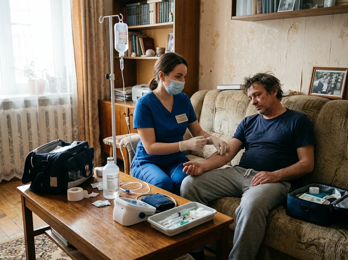 Врач-нарколог ставит капельницу пациенту в запое на дому, медицинские инструменты на столе, домашняя обстановка, профессиональная помощь