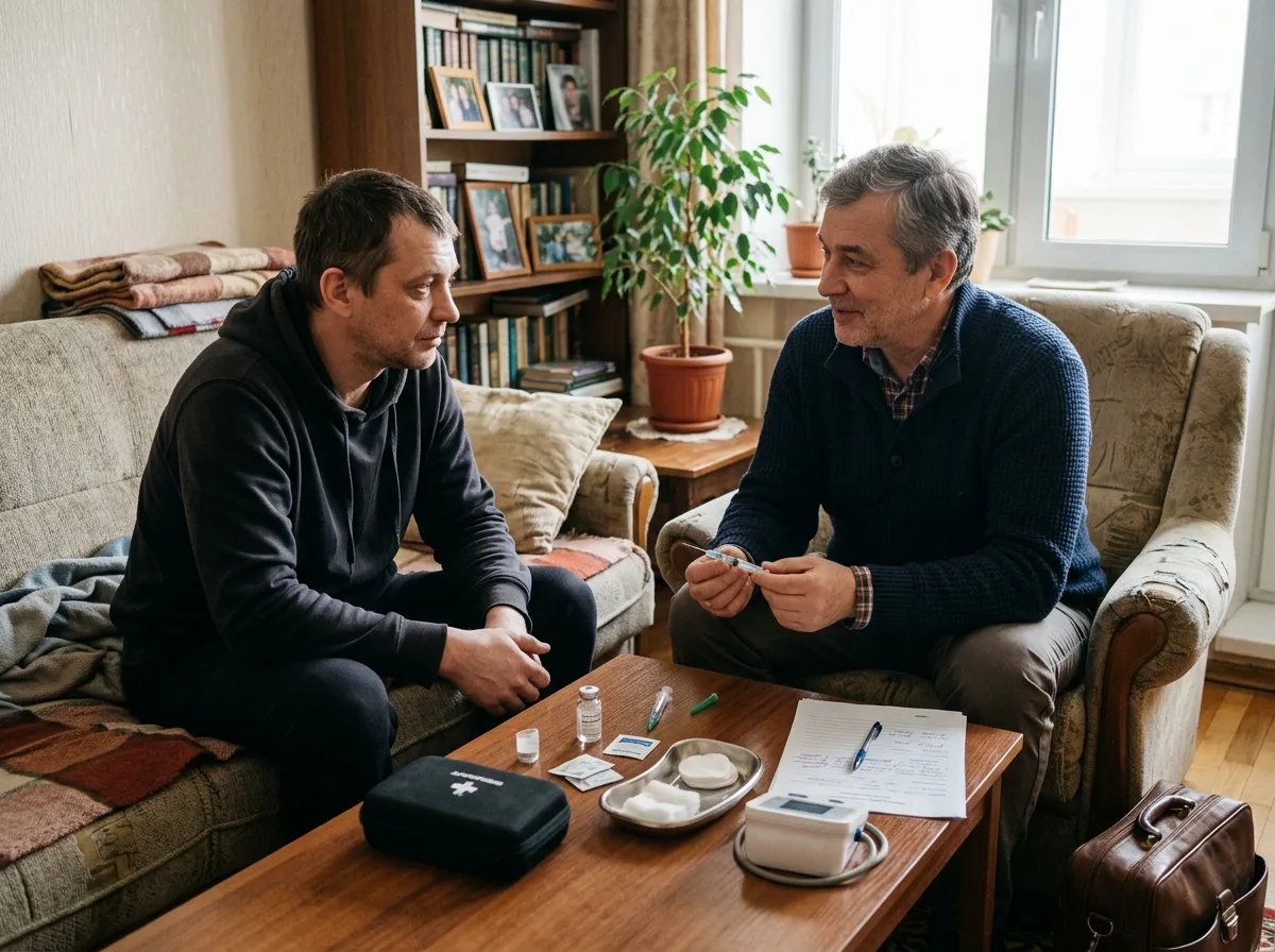 Нарколог проводит медикаментозное кодирование от алкоголизма дома у пациента, врач в гражданской одежде, доверительная беседа
