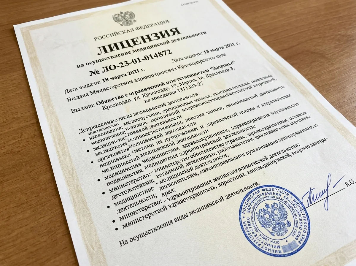 Лицензия на осуществление медицинской деятельности № ЛО-23-01-014872 от 18.03.2021, выданная Министерством здравоохранения Краснодарского края, официальный документ с печатью